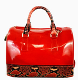 red jelly purse with snakeskin trim